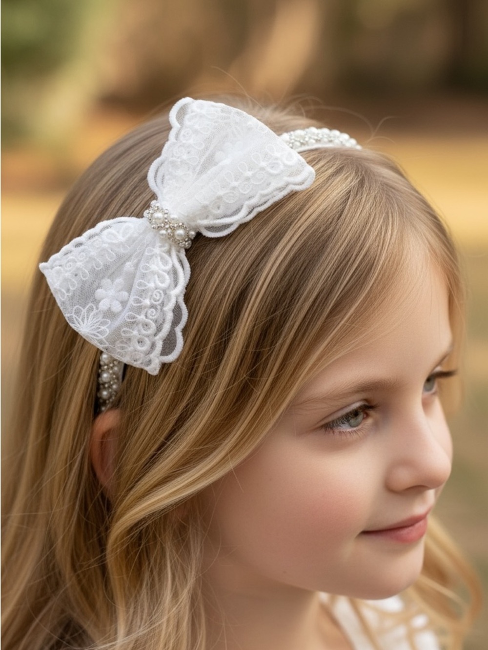 Elegant White Lace Hair Bow Beaded Headband